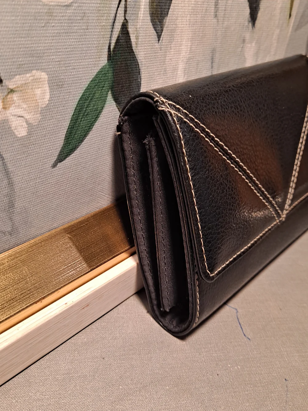Liz Claiborne Black Faux Leather Trifold   Fold-Over Wallet Contrast Stitching
